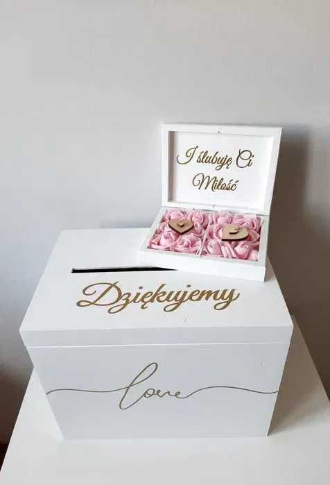 Białe pudełko na koperty obrączki złoty napis love Dziękujemy wesele