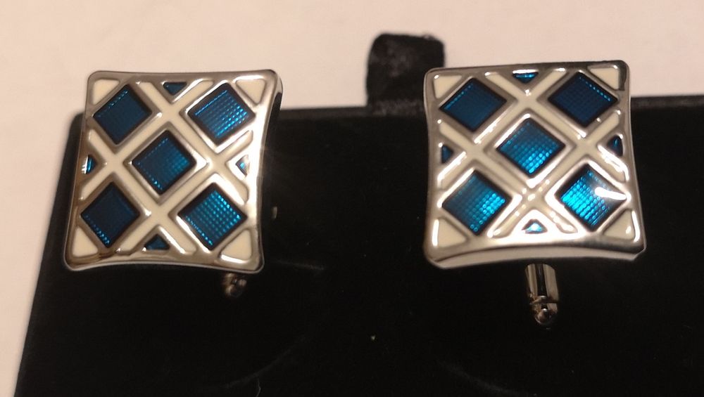 Spinki do mankietów koszuli kwadratowe krata niebiesko srebrnego