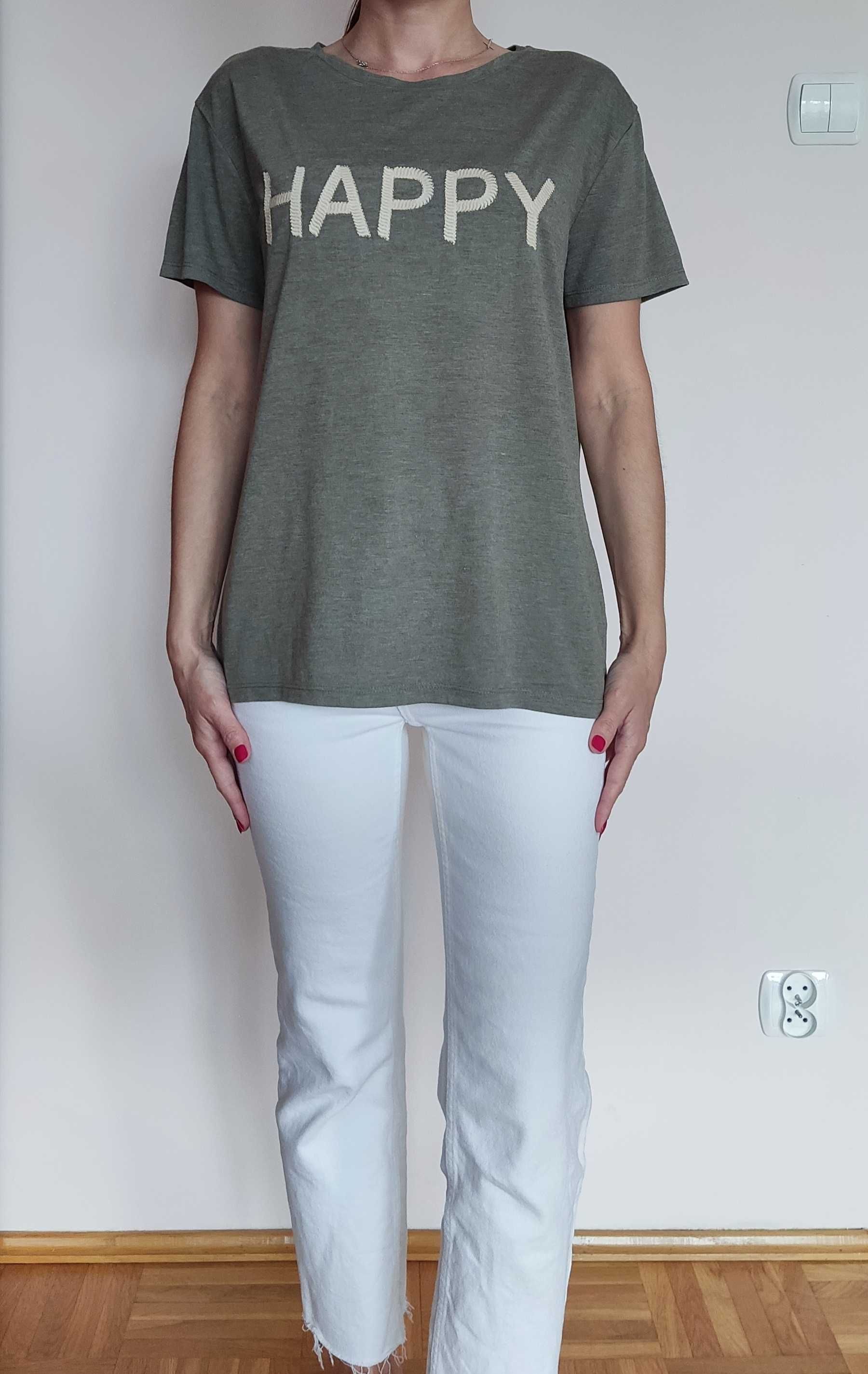 T-shirt z krótkim rękawem z napisem Happy, Papaya rozmiar L