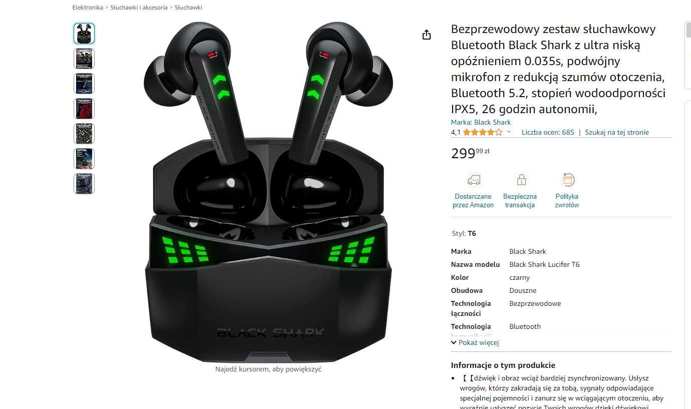 Słuchawki Bluetooth Black Shark gaming 0.035s, 2xmikrof, Bluetooth 5.2