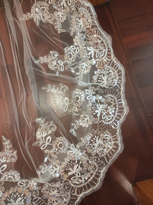 Véu Noiva Tule Renda Lantejoulas Pérola 4M