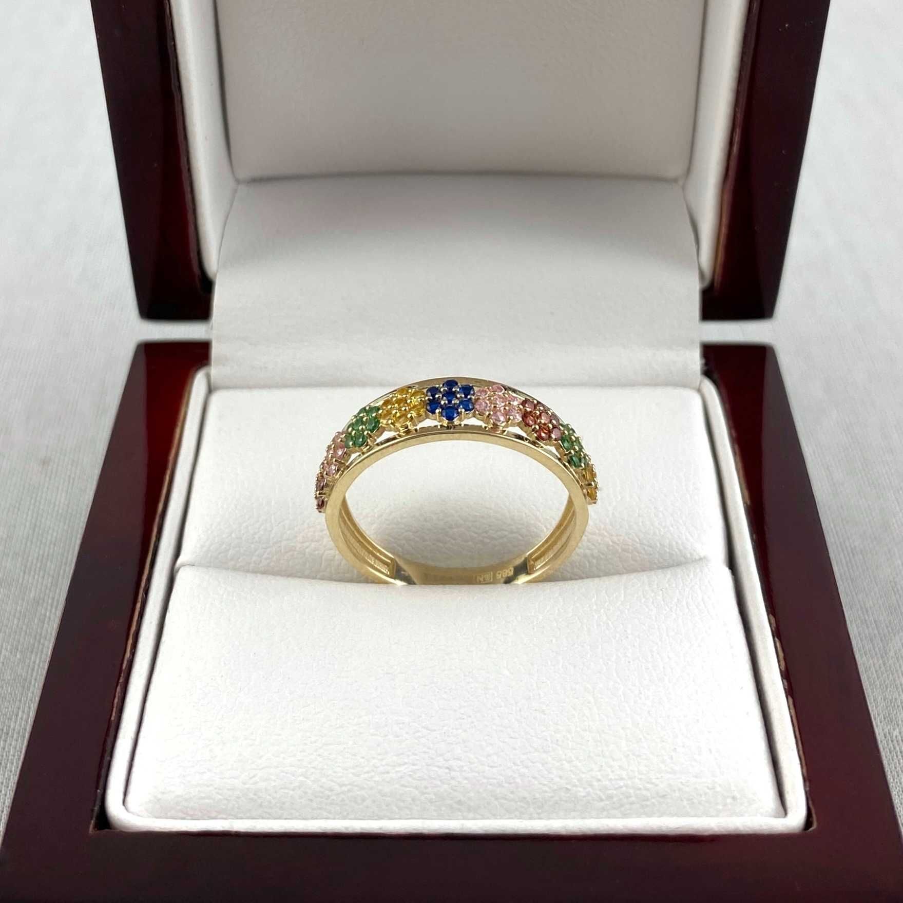 ZŁOTY pierścionek z barwnymi cyrkoniami PR. 585 (14K) rozmiar 18