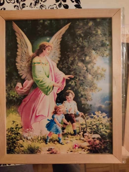 Obraz anioł stróż ramka drewno 27x22cm