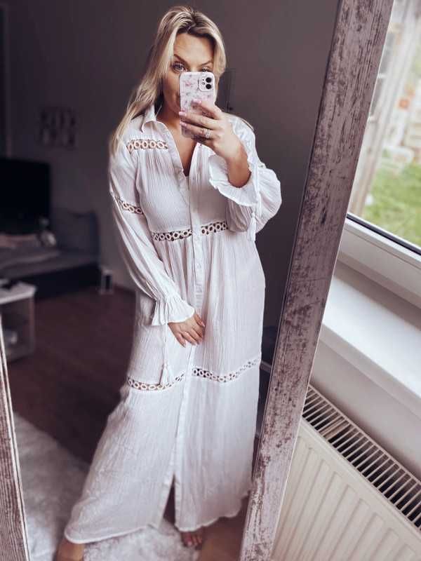 Boho biała maxi sukienka plażowa haft Boohoo