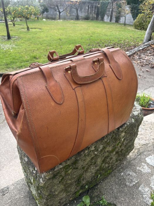 Mala de viagem de couro verdadeiro, vintage