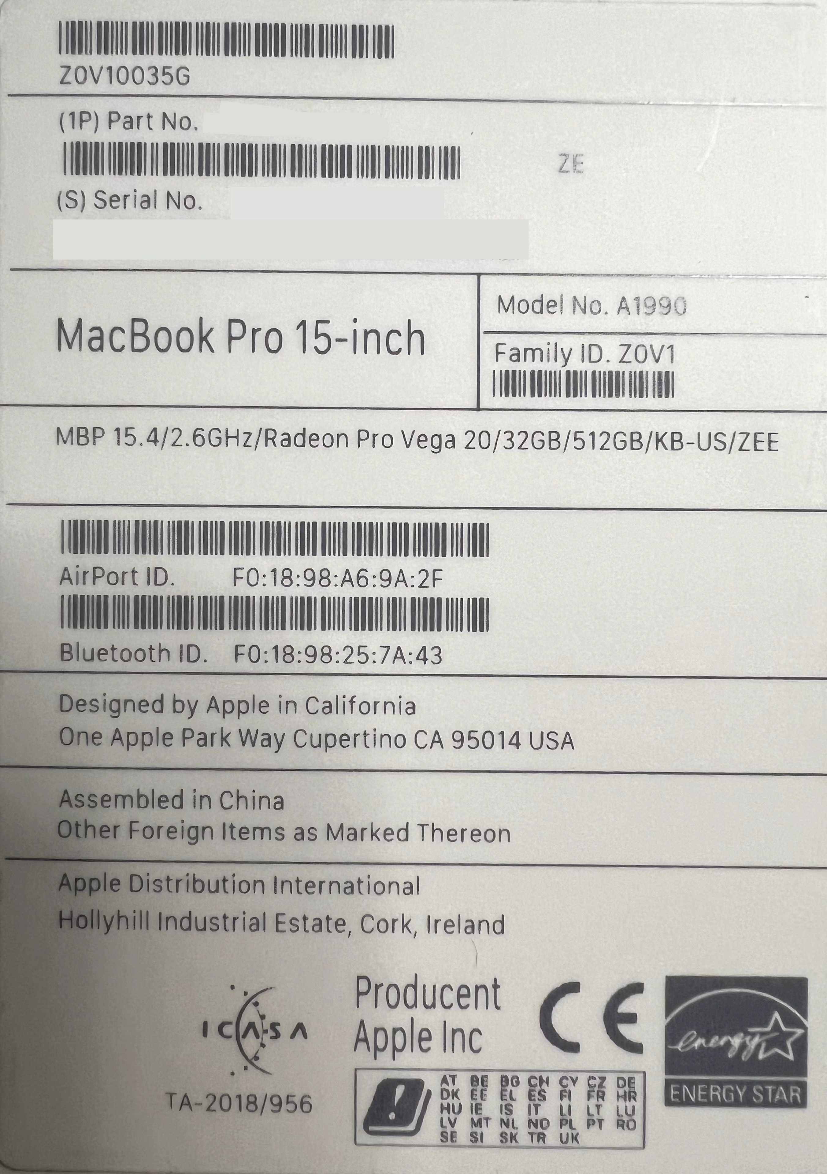 APPLE MacBook Pro 15" 2018 A1990 PRO VEGA 20! 32Gb RAM!