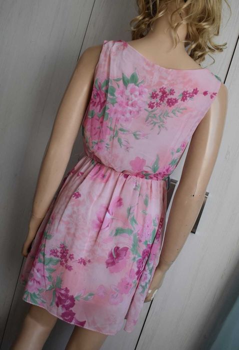 Sukienka 34 XS S szyfonowa kwiaty zwiewna lekka letnia krótka mini