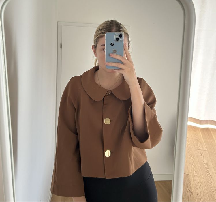 Brązowa narzutka wdzianko zara ze złotymi guzikami krótka kurtka