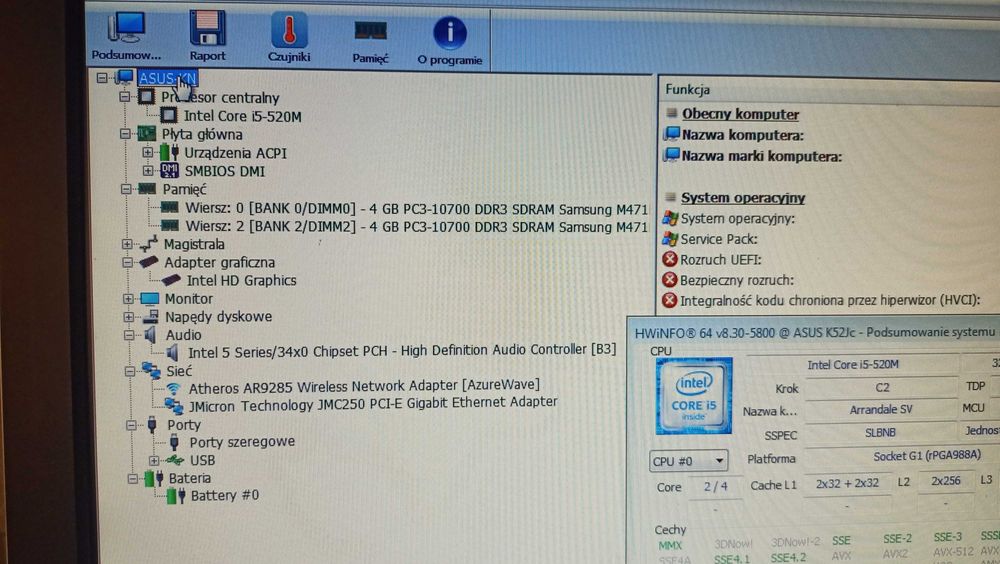 Laptop Asus K52J Intel Core i5 8GB RAM +zasilacz oryginalny bez dysku.