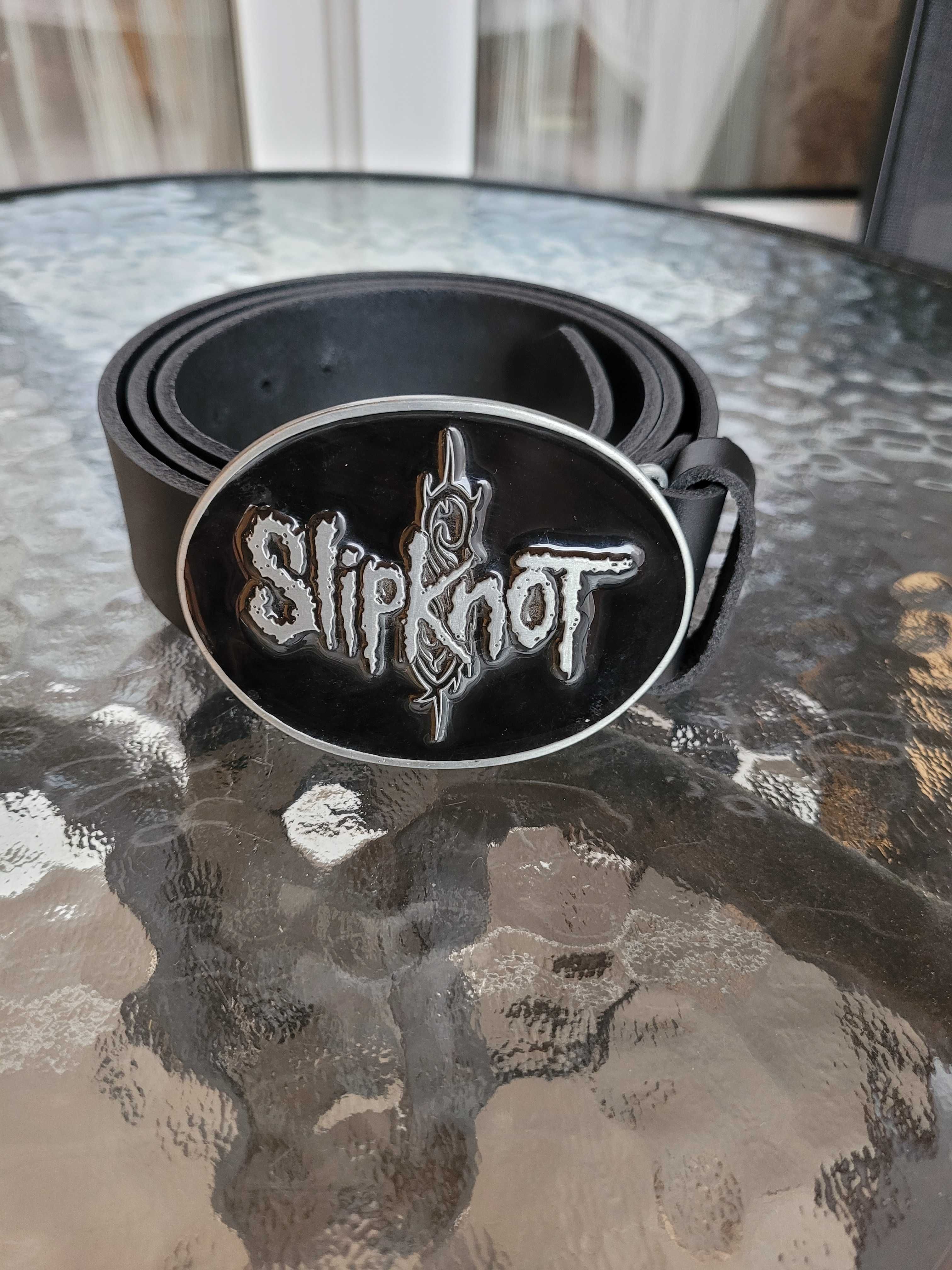 Czarny męski skórzany pasek ręcznie robiony z klamrą zespołu Slipknot