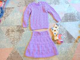 Zestaw liliowy sweter i spódniczka na drutach r. ok 134/140 NOWE