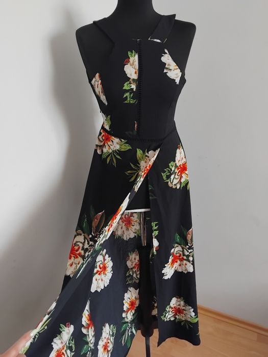 Sukienka długa maxi Czarna rozcięta XS S 34 36 kwiecista letnia