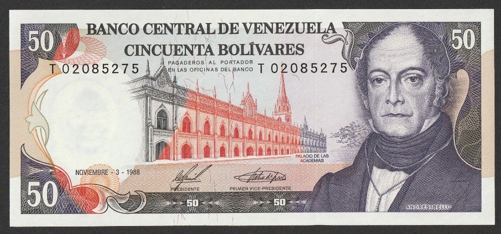 Wenezuela 50 bolivares 1988 - Andres Bello - stan bankowy UNC