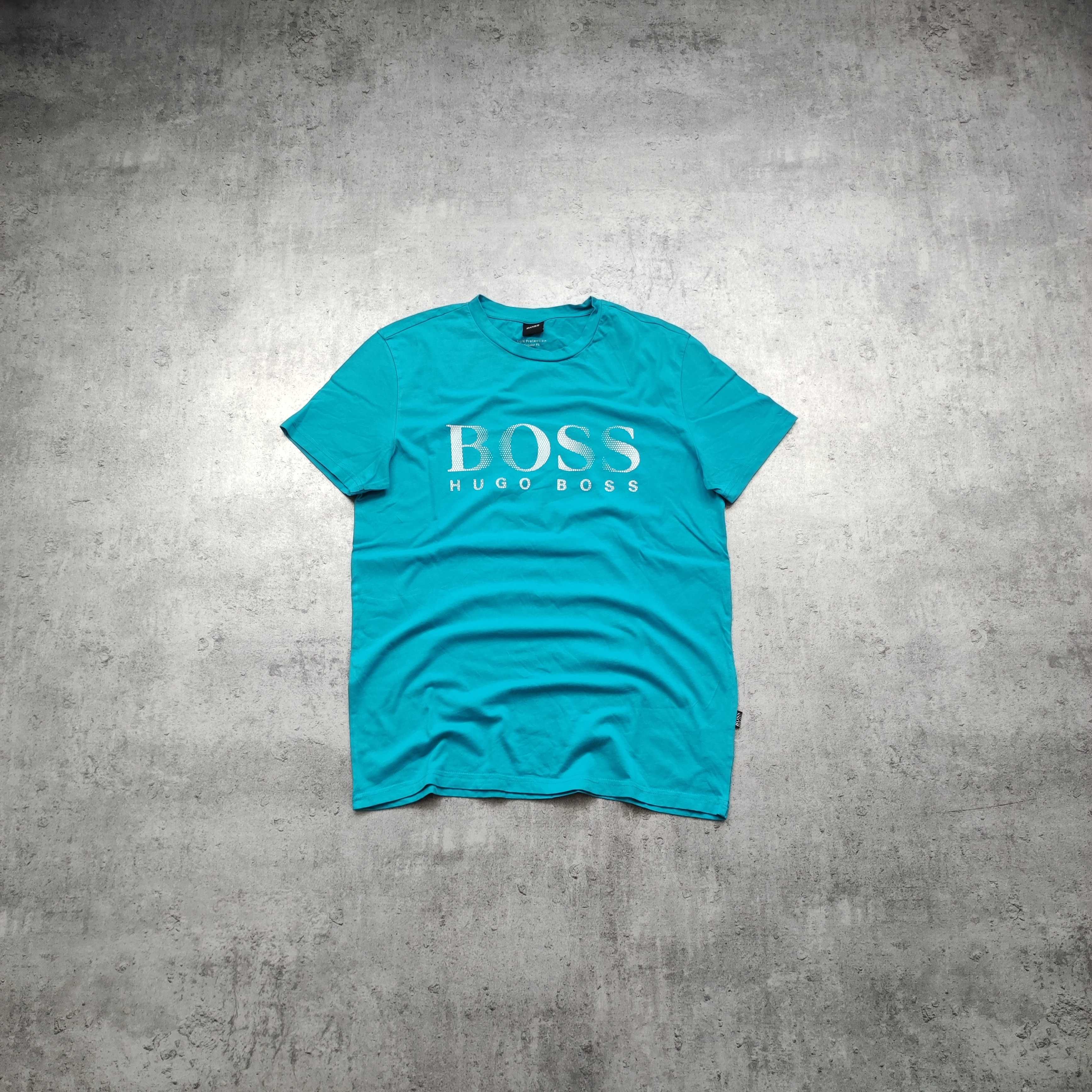 MĘSKA PREMIUM Koszulka Bawełna Morska Duże Logo Hugo Boss Nadruk Lato