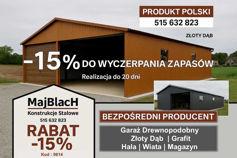 Garaż Blaszany - Biały + ZŁOTY DĄB  - Garaże Blaszane – Maj-Blach