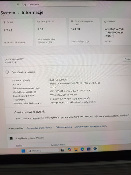 Laptop Microsoft Surface Book 2 i7 16/512gb GTX 1050 odczepiana klawia
