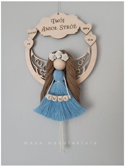 Anioł Stróż metryczka ze sznurka makrama na obręczy