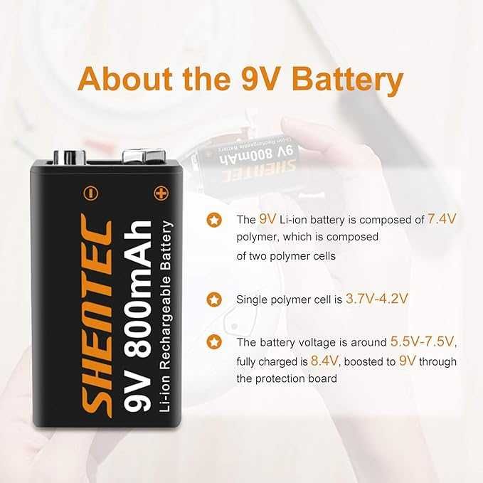 Shentec 4 szt akumulatory 9V 800mAh litowojonowe wielokrotne ładowanie