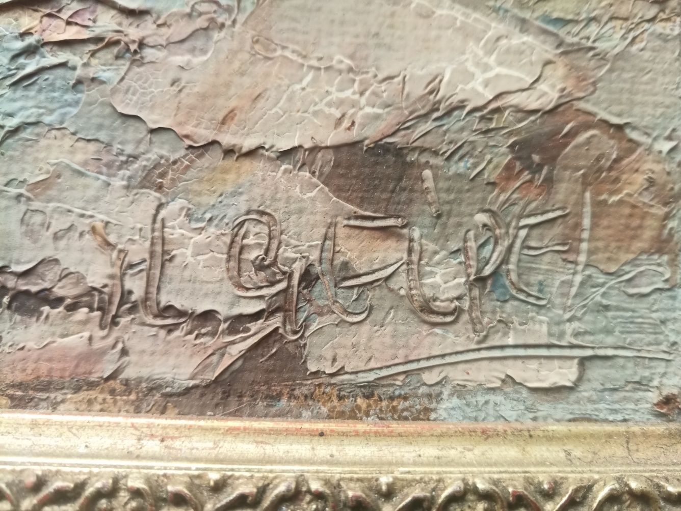 Obraz olejny na panelu,w złotej drewnianej ramie,pejzaż, góry,impresja