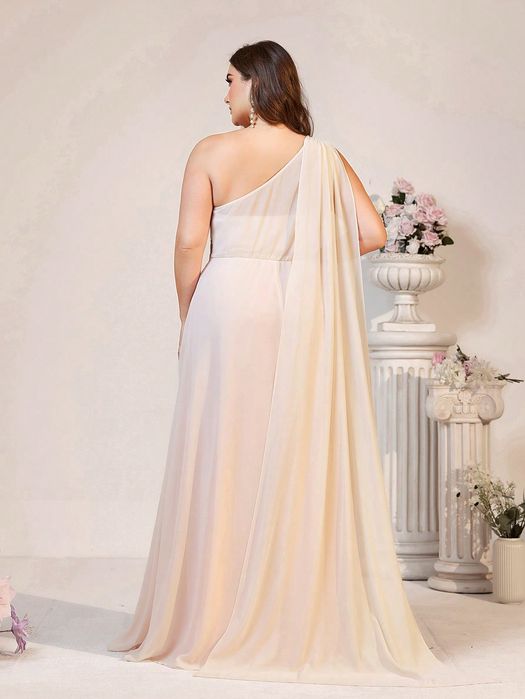 Sukienka Wieczorowa Szyfonowa Na Jedno Ramię Z Peleryną Maxi Shein 3Xl