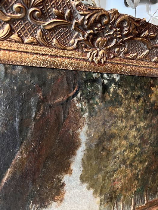 Stary duży obraz olejny antyk pejzaż drzewa las 1950 vintage zlota