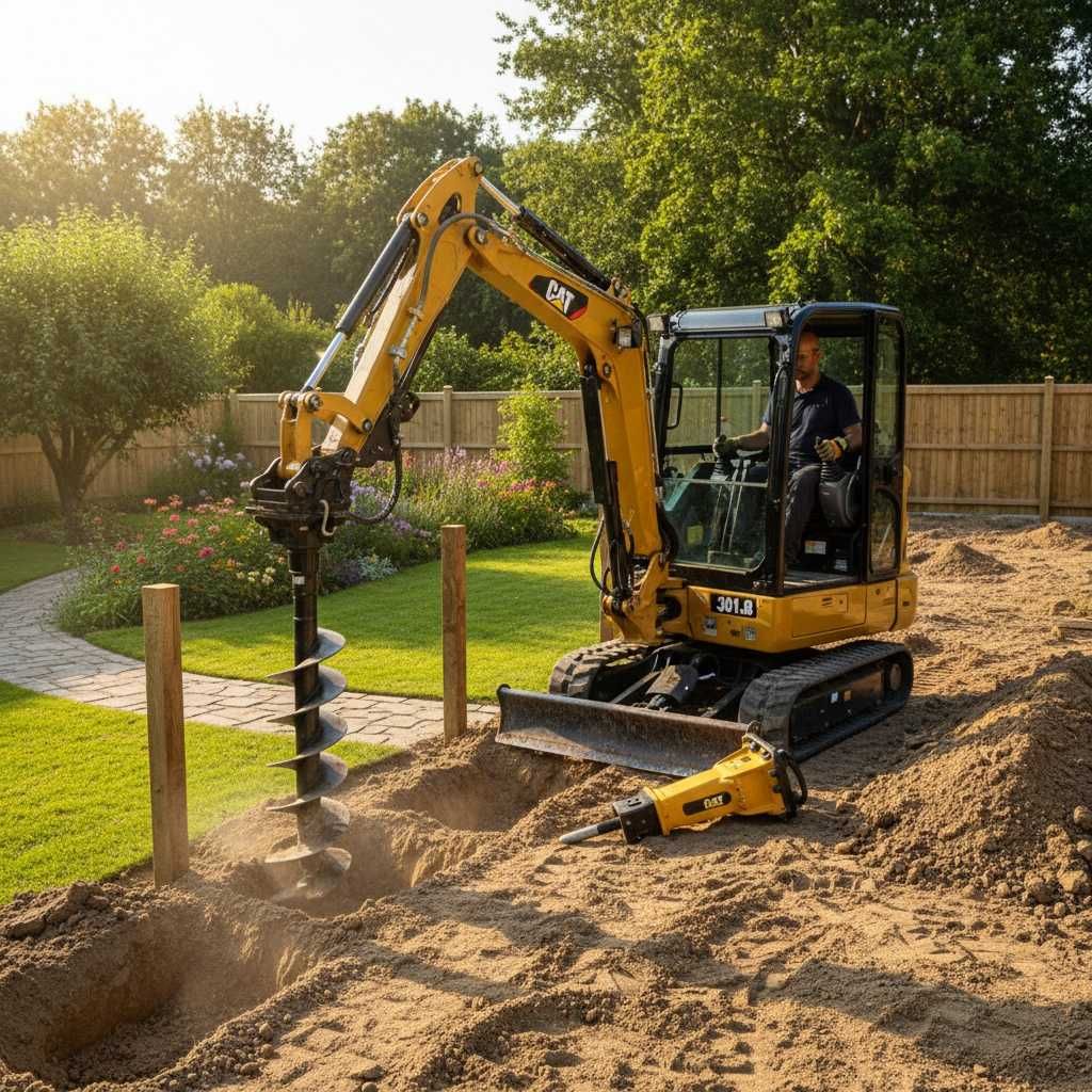 Minikoparka CAT 301.8 z wiertnicą i młotem – idealna do drobnych prac!