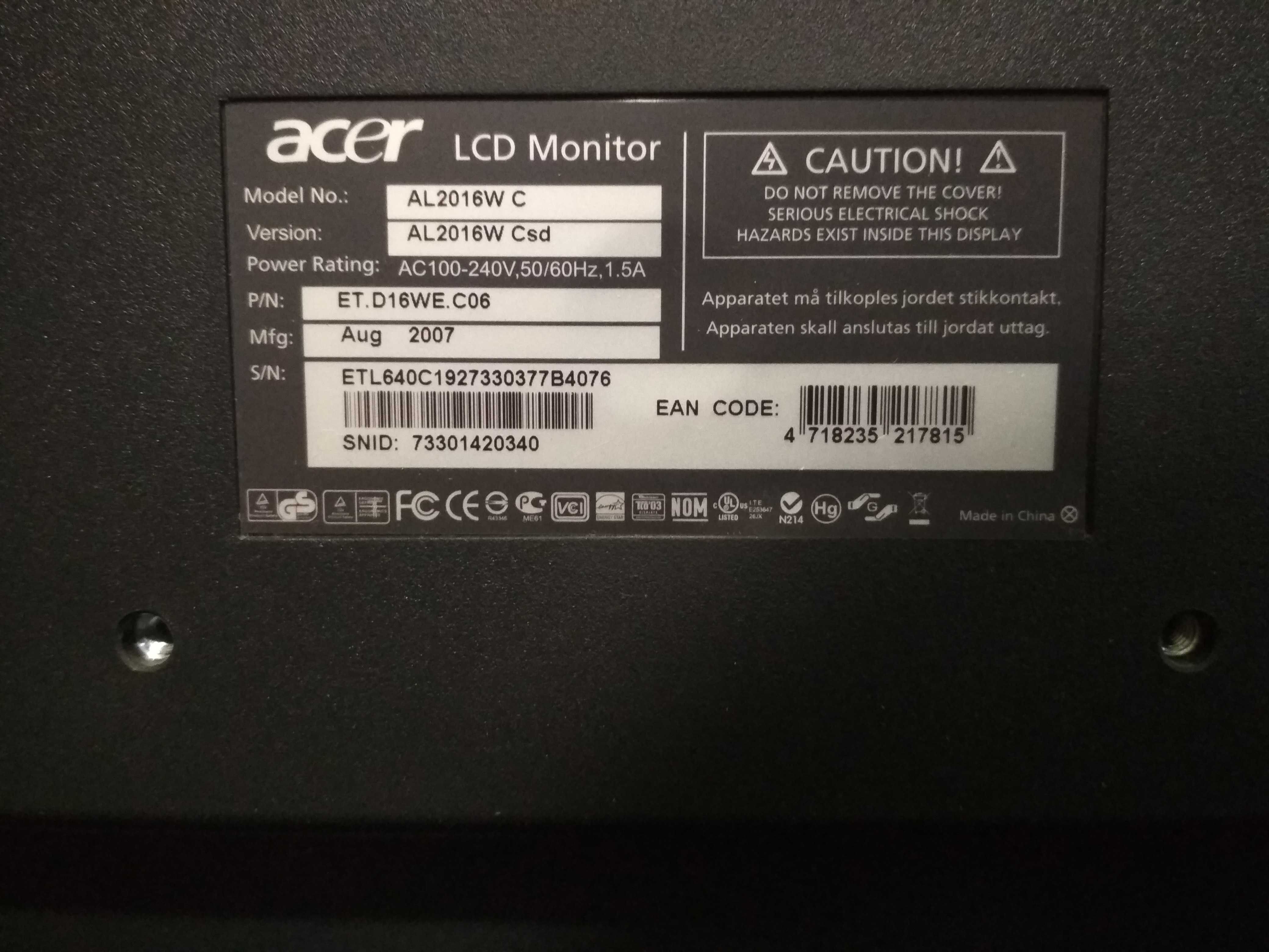 LCD монітор до комп"ютера ACER модель AL2016W