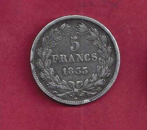Moeda   FRANÇA  5 Francos  1833     Prata
