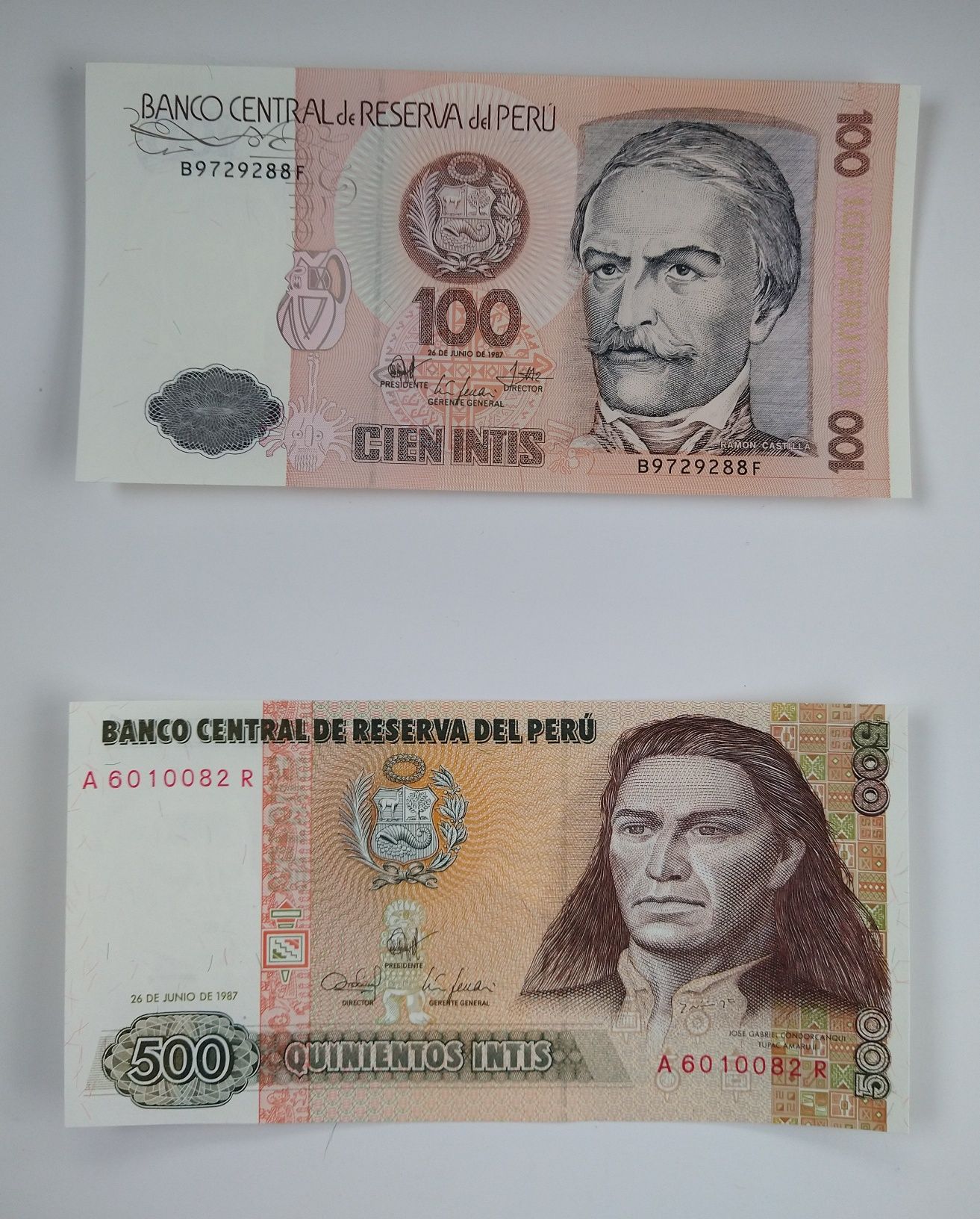 zestaw banknotów 100  i 500 intis , Peru , 2 szt