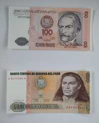 zestaw banknotów 100  i 500 intis , Peru , 2 szt