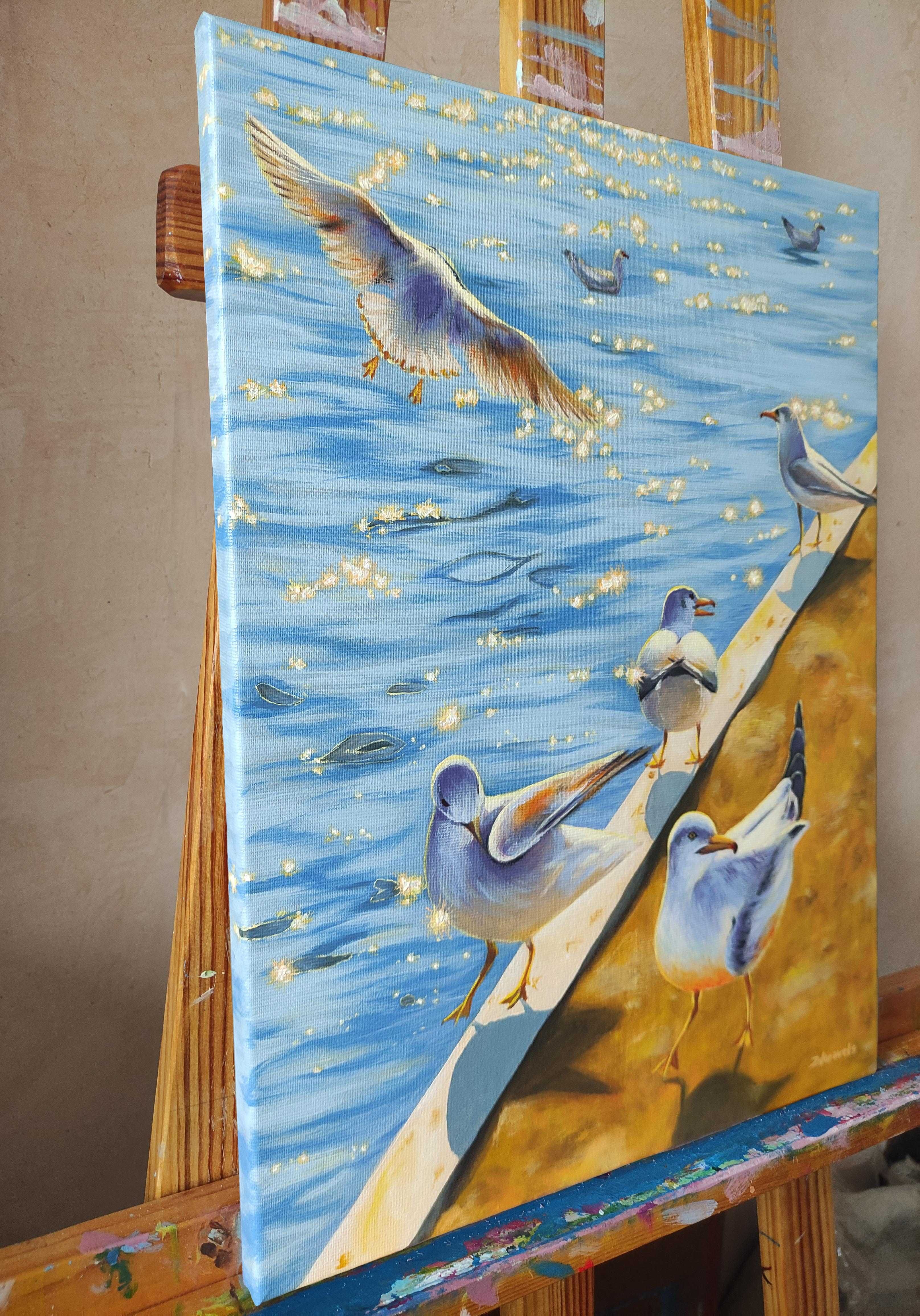Картина море, чайки, морський пейзаж, птахи, живопис природа 35х45см