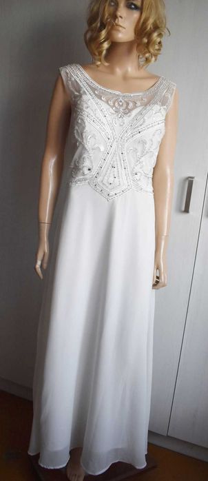 Sukienka 38 M L balowa długa biała szyfonowa luźna cyrkonie koronka