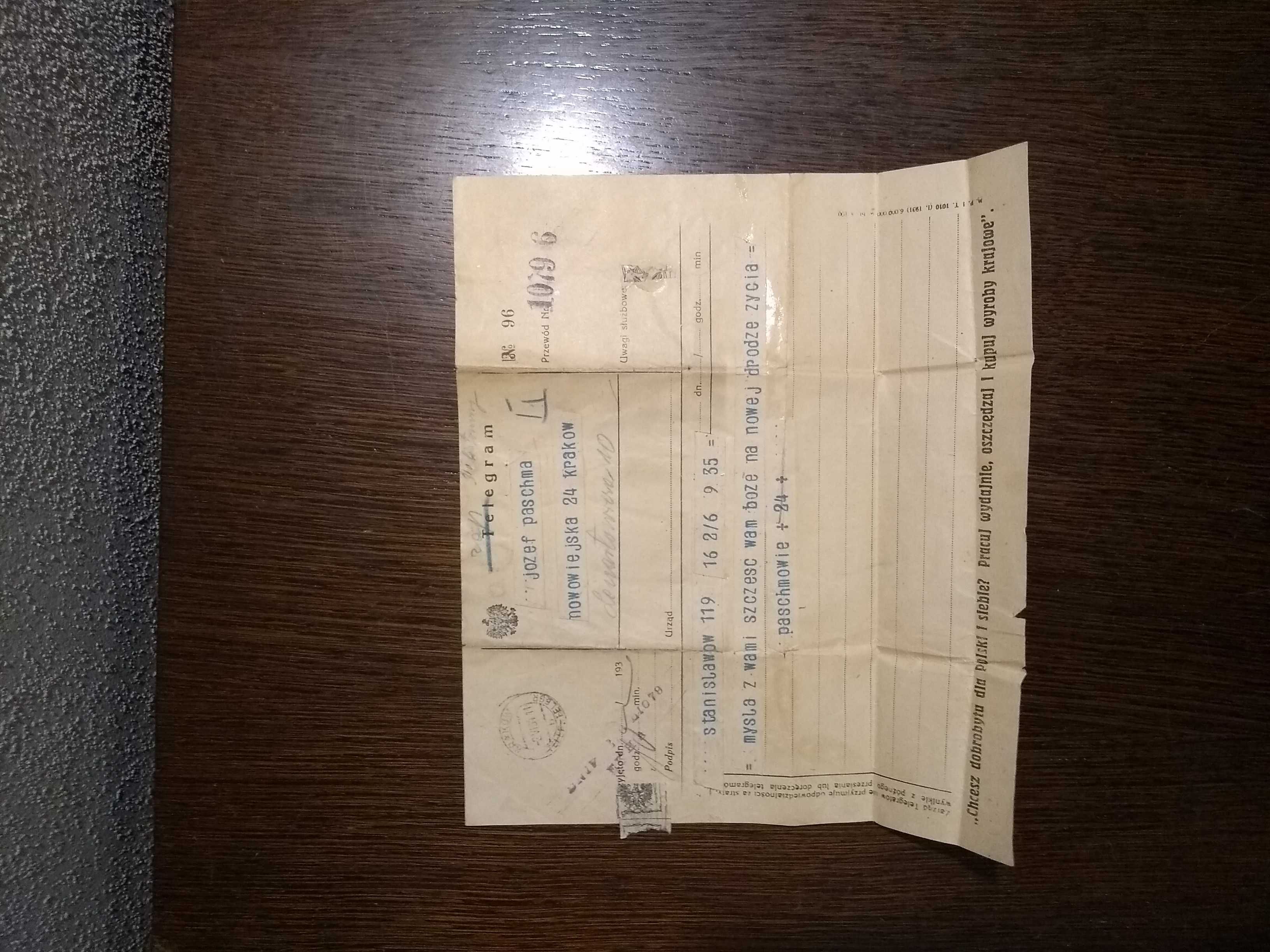 telegram gratulacyjny ze Stanisławowa z 1934 r.