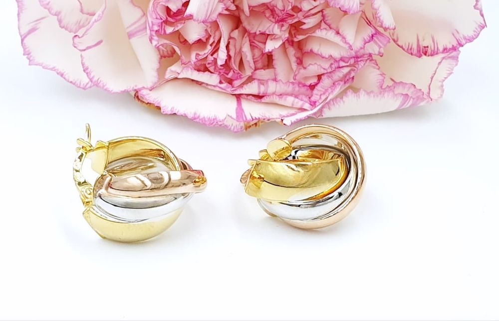 Złote, nowe kolczyki. Trzy kolory złota 585