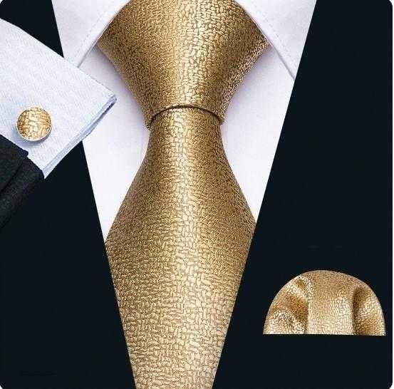 Złoty jedwabny zestaw Krawat Poszetka Spinki