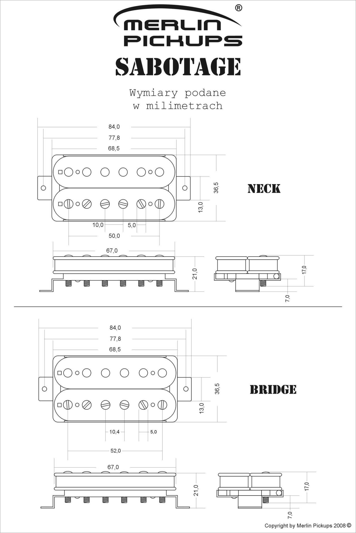 Merlin Sabotage humbucker przetwornik gitarowy bridge lub neck