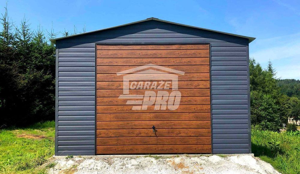 Garaż blaszany 5x5 Brama antracyt + drewnopodobny dwuspadowy  GP87