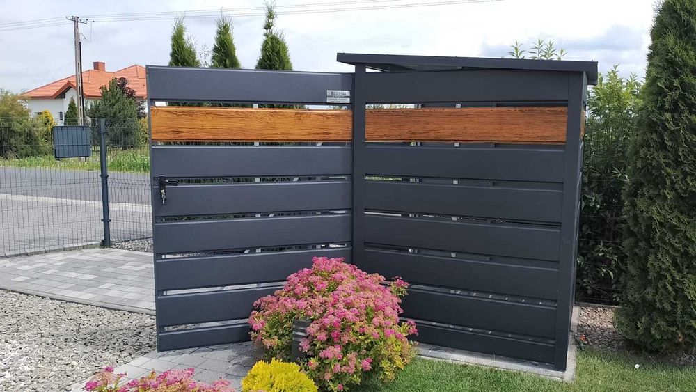 Wiata śmietnikowa panele zabudowa śmietników 1,6x1,6m złoty dąb grafit