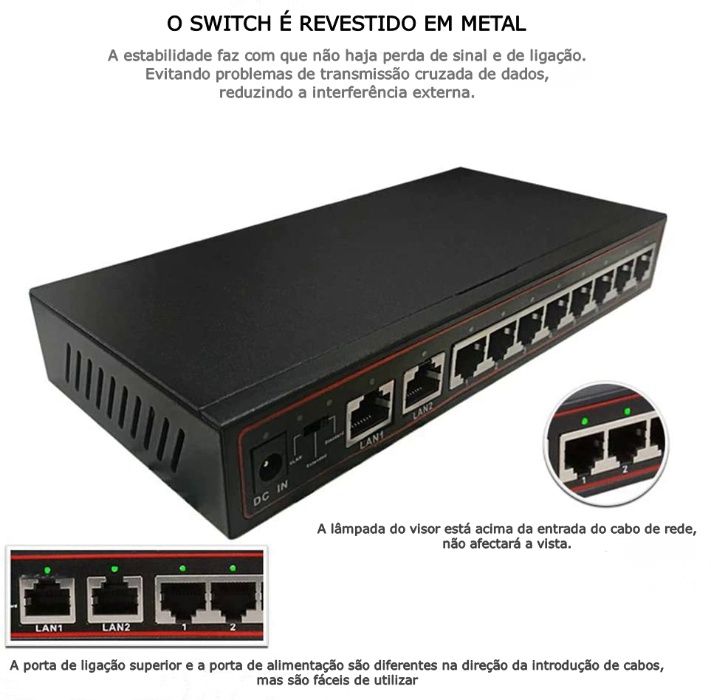 Switch PoE 8+2 10 Portas » 10/100mbps 250m » para Câmara IP