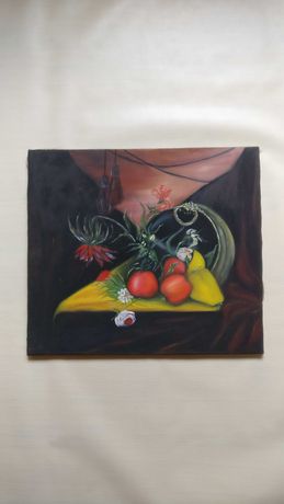 Obraz olejny na płótnie - martwa natura z owocami i kwiatami - vintage