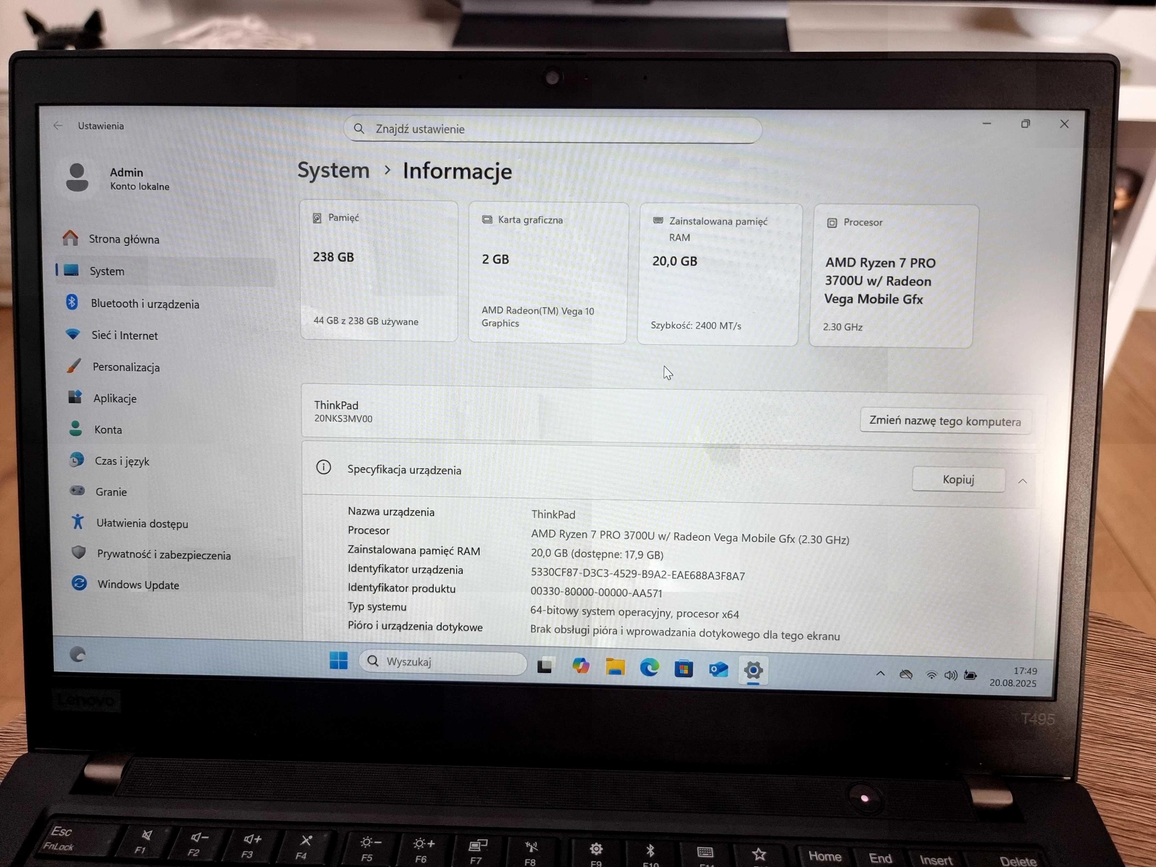 Lenovo T495: FHD, Ryzen 7 PRO 3700U, 20GB RAM, 256 SSD NVMe, Win11 Pro