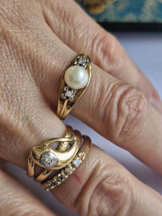 Retro pierścionek złoto 14 k perła diamenty R22 certyfikat
