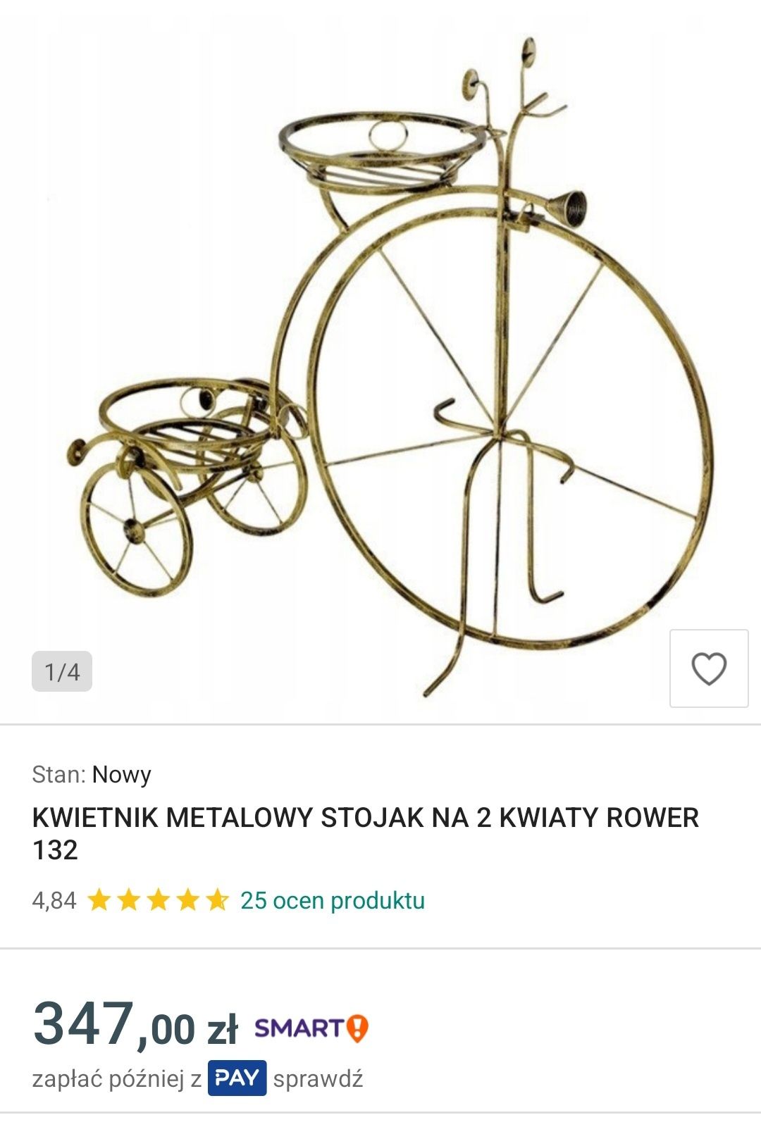 Kwietnik metalowy rower na 2 kwiaty stojak złota patyna