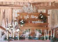 Ścianka wesele za parą młodą boho ślub drewno piękna unikat