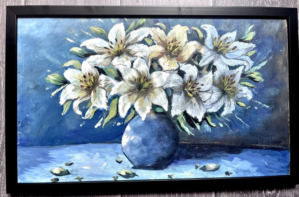 Картина  Квіти білі ліліі в вазі в рамці, олія