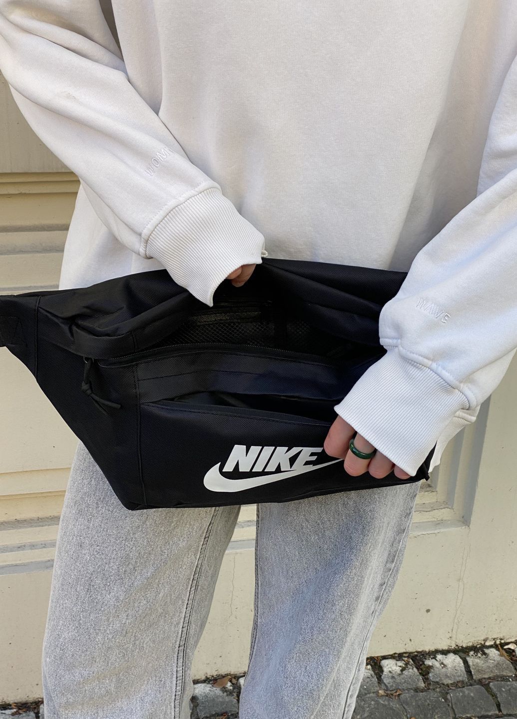 Бананка велика Nike Tech Hip Pack поясна сумка найк чорна біле лого