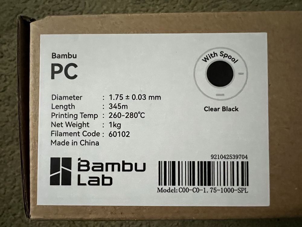 Filament Bambu Lab PC 1kg Clear Black