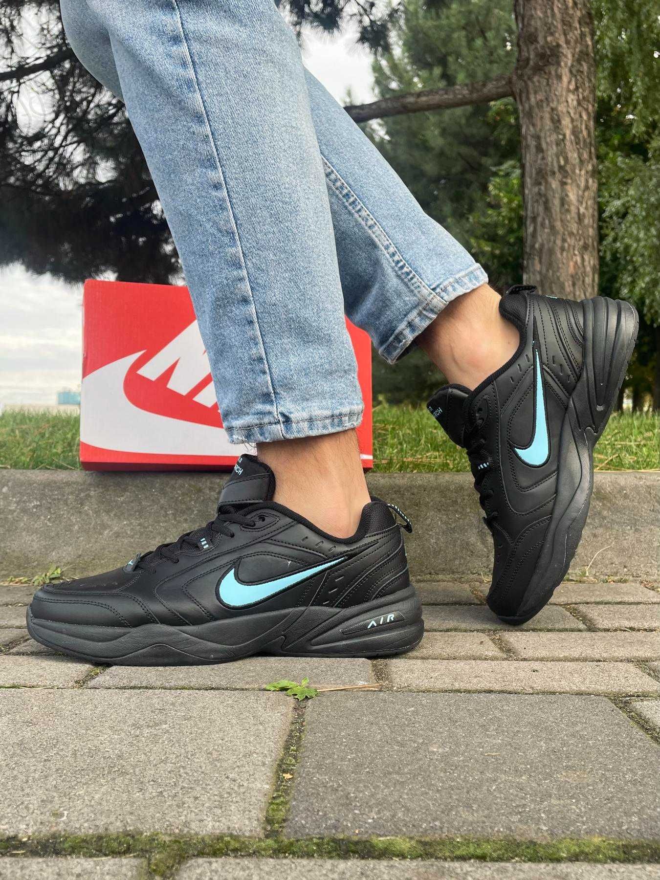 Кроссовки Nike Air Monarch, (Black, Blue Swoosh), кроссовки найк