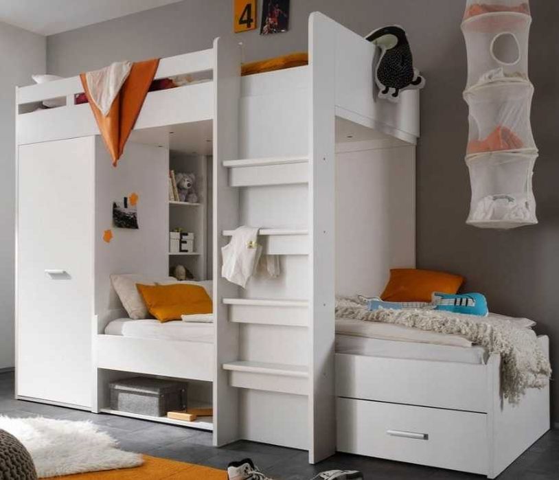 łóżko maxi piętrowe białe/beton z szafą