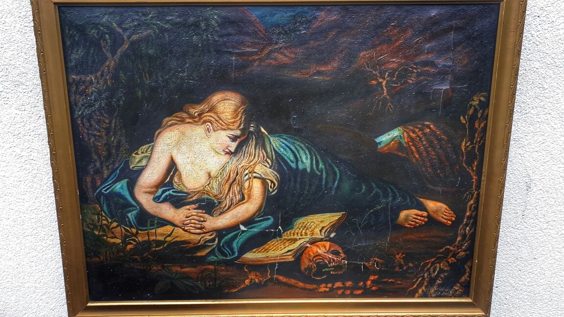 Obraz olejny płótno Św.Magdalena w grocie Pompeo Batoni sygnowany 1958